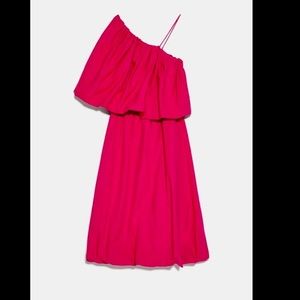 ZARA Fuchsia Pink Voluminous Asymmetric One Shoulder Cotton Bubble Dress